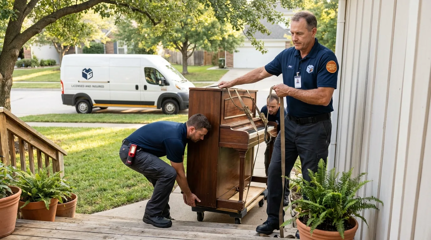 Licensed piano movers securing grand piano in Zeeland, MI
