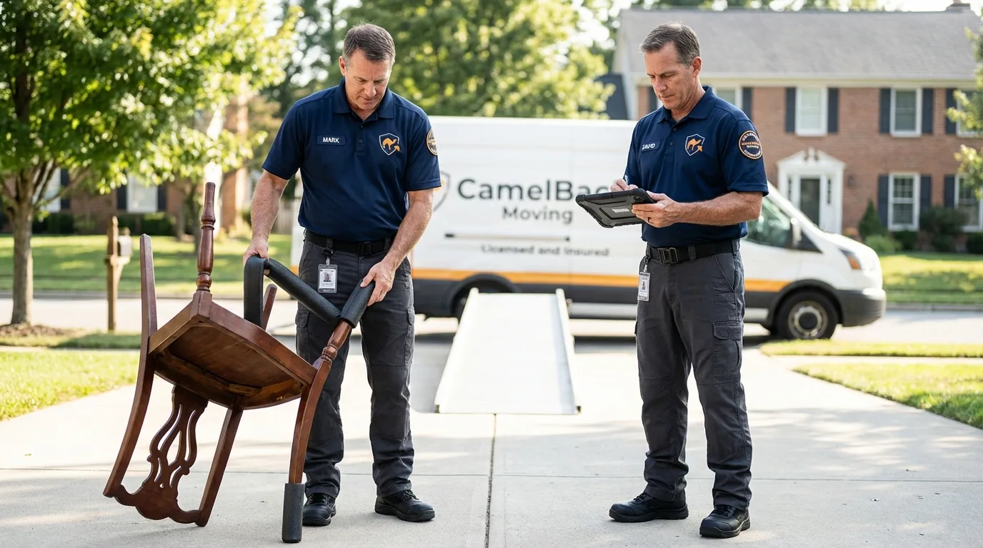 Movers inspecting furniture for damage prevention before loading in Zeeland, MI