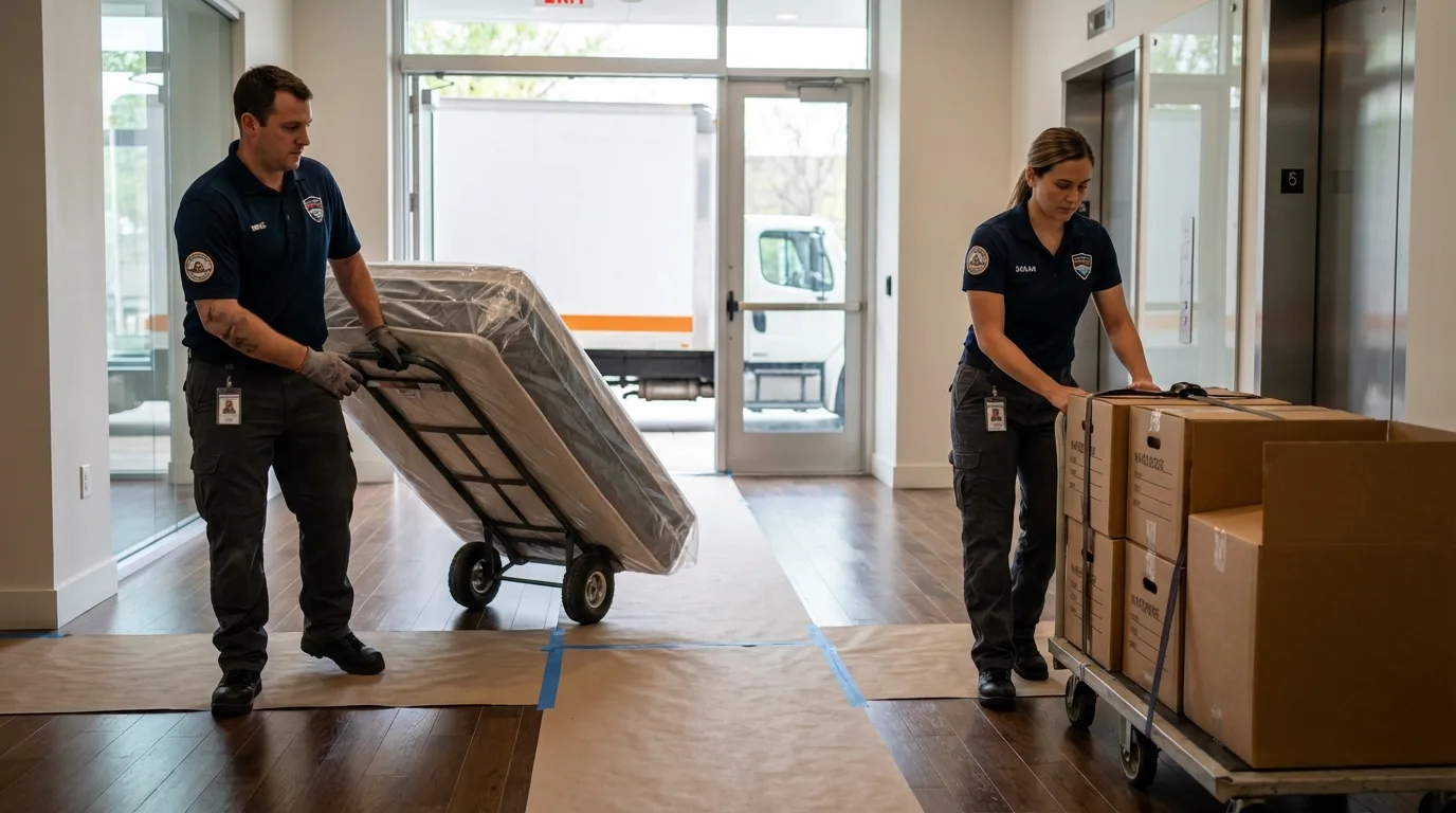 Professional apartment movers loading elevator in Zeeland, MI
